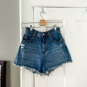 High rise dark wash distressed denim shorts